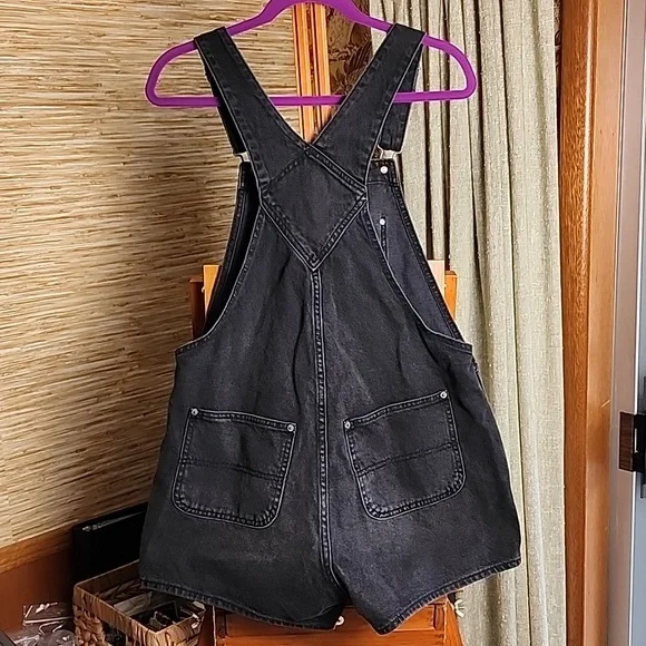 Black Denim Short Overalls - Picture 2 of 3